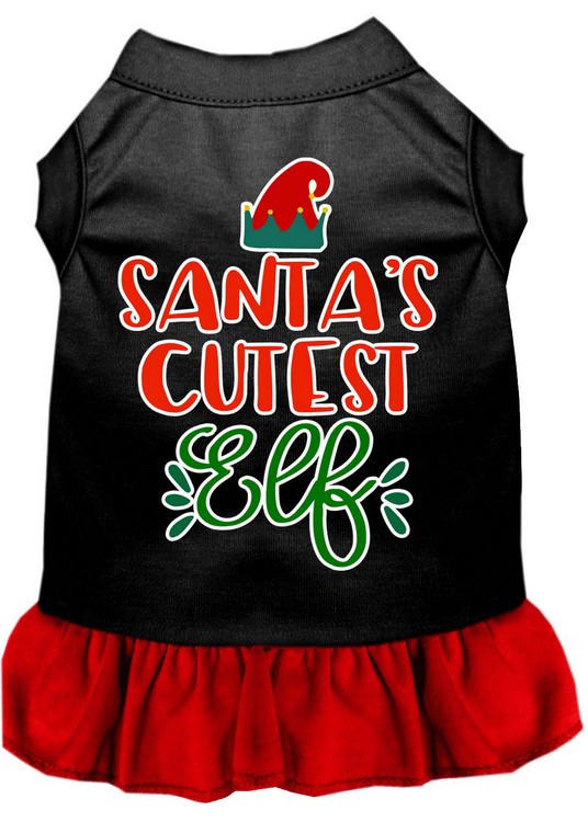 Santa's Cutest Elf Screen Print Dog Dress Black with Red Med